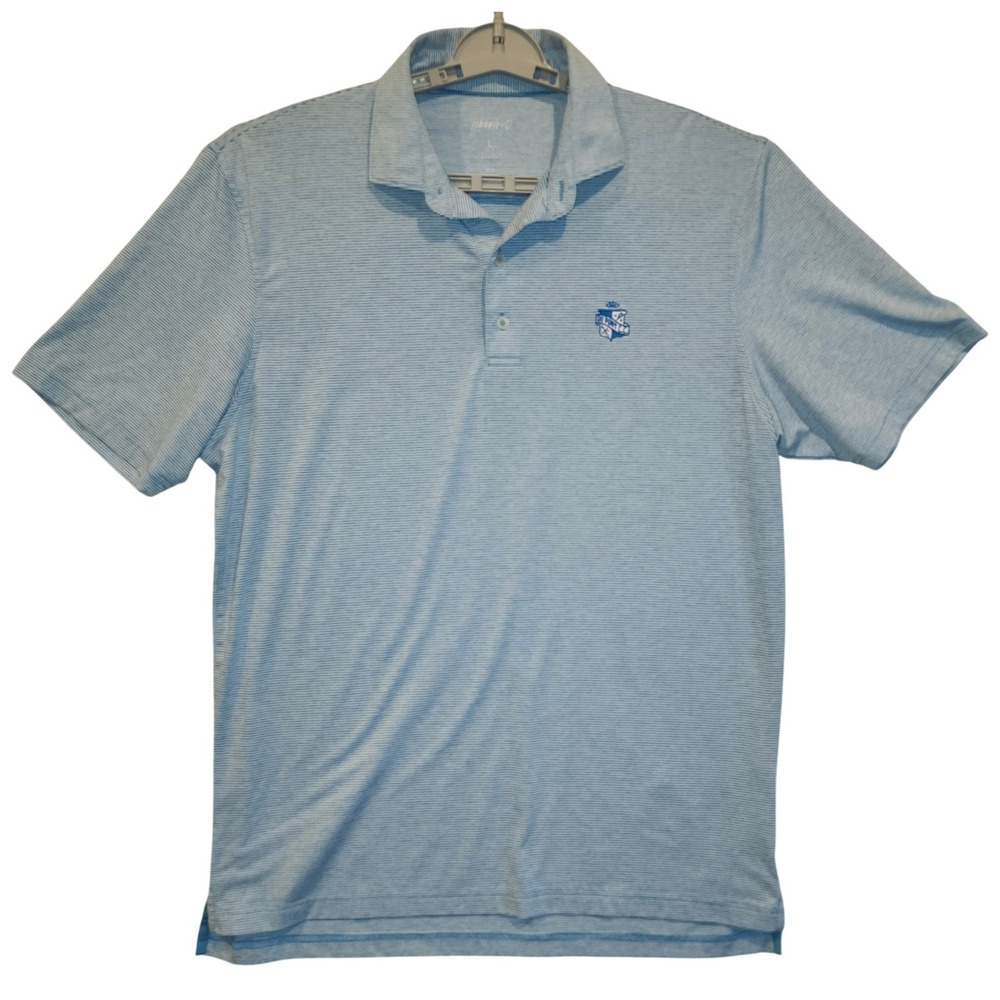 Johnnie-O Mens Blue‎ White Striped Golf Polo Shirt DuPont CC Logo UPF 50 Large